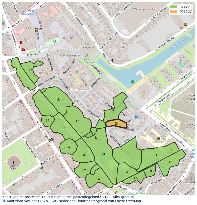 Afbeelding van het postcodegebied 9712 LV op de kaart.