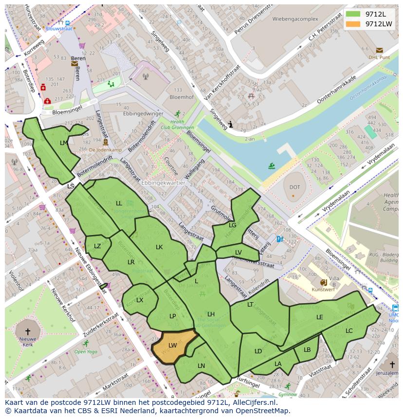 Afbeelding van het postcodegebied 9712 LW op de kaart.