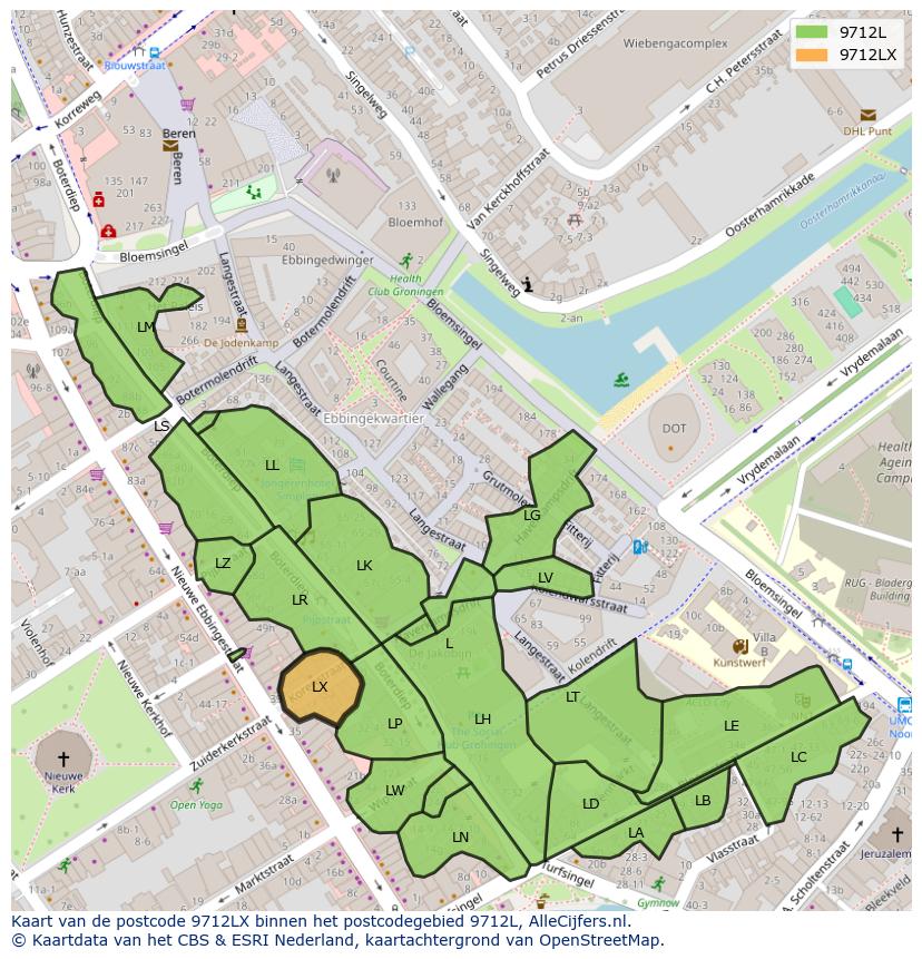 Afbeelding van het postcodegebied 9712 LX op de kaart.