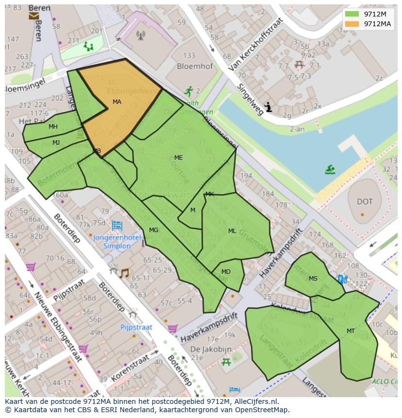 Afbeelding van het postcodegebied 9712 MA op de kaart.