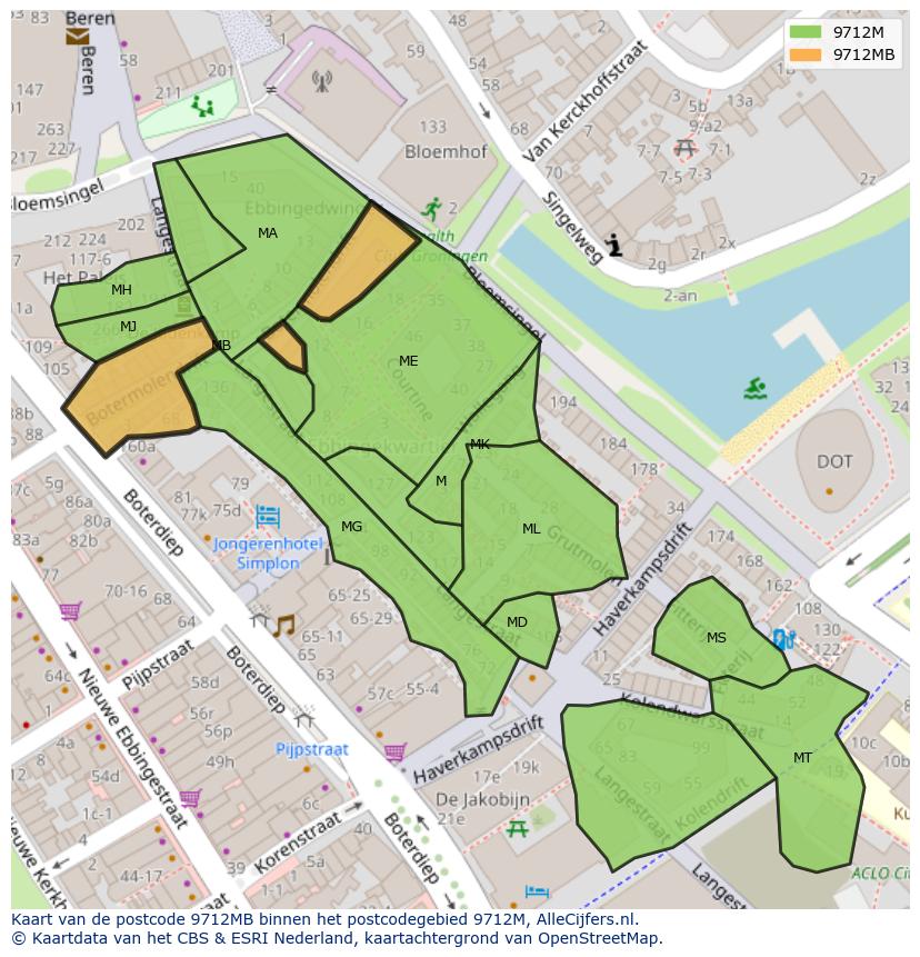 Afbeelding van het postcodegebied 9712 MB op de kaart.