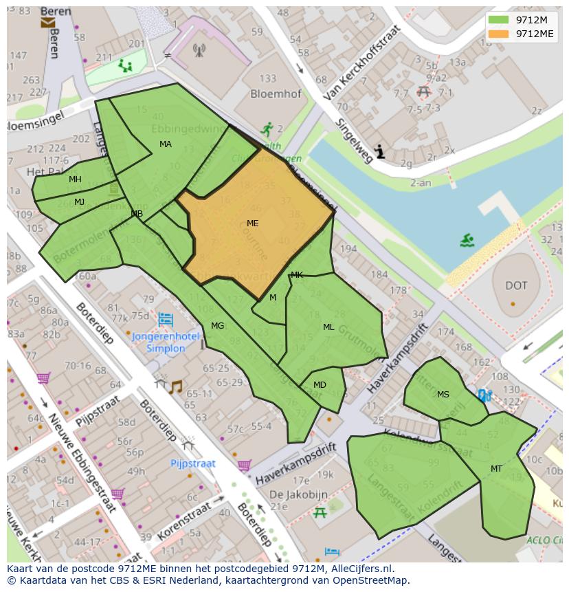 Afbeelding van het postcodegebied 9712 ME op de kaart.