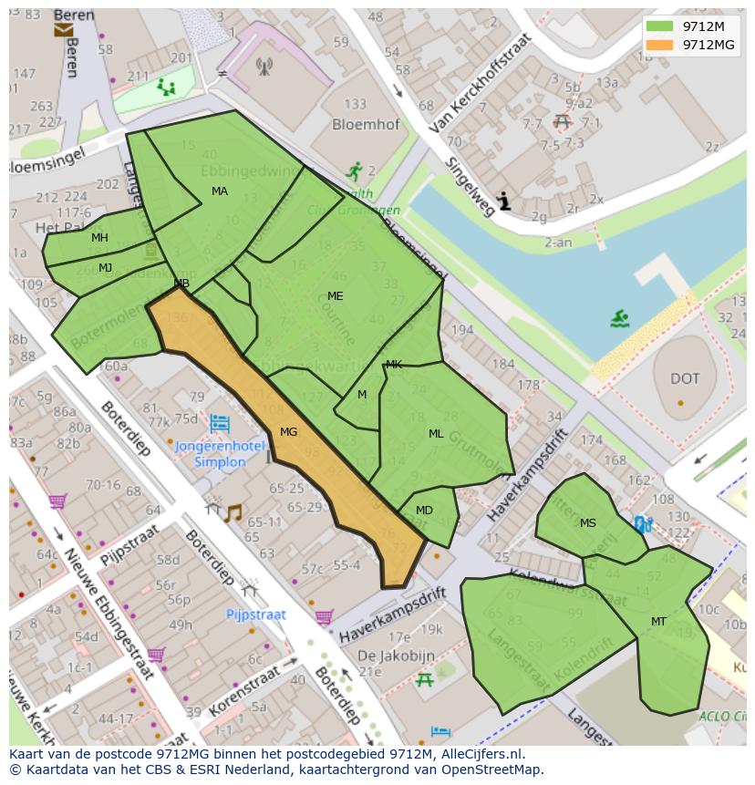 Afbeelding van het postcodegebied 9712 MG op de kaart.