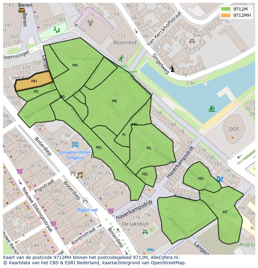 Afbeelding van het postcodegebied 9712 MH op de kaart.