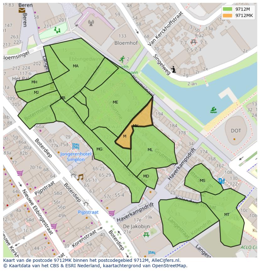 Afbeelding van het postcodegebied 9712 MK op de kaart.