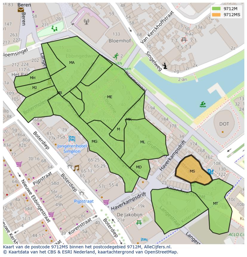 Afbeelding van het postcodegebied 9712 MS op de kaart.