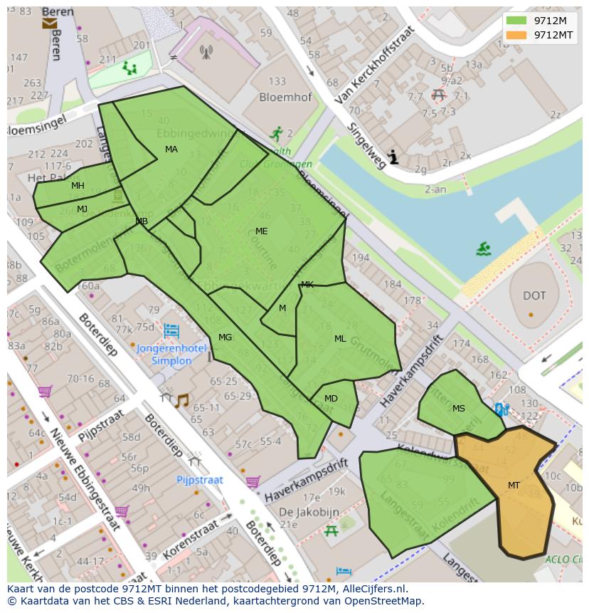Afbeelding van het postcodegebied 9712 MT op de kaart.