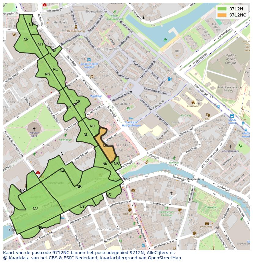 Afbeelding van het postcodegebied 9712 NC op de kaart.