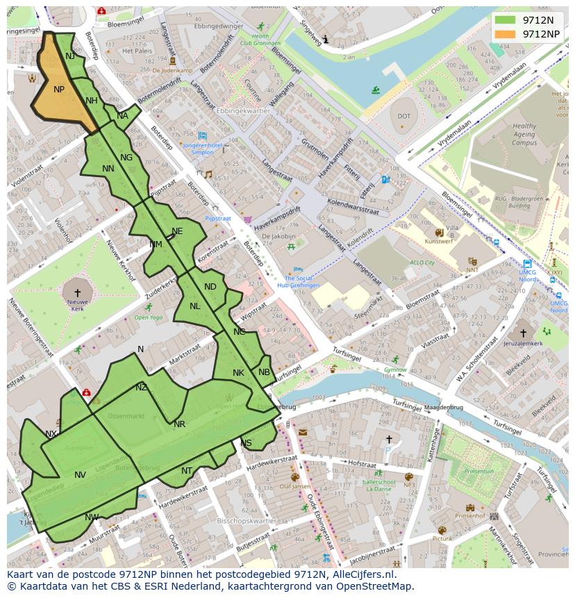 Afbeelding van het postcodegebied 9712 NP op de kaart.