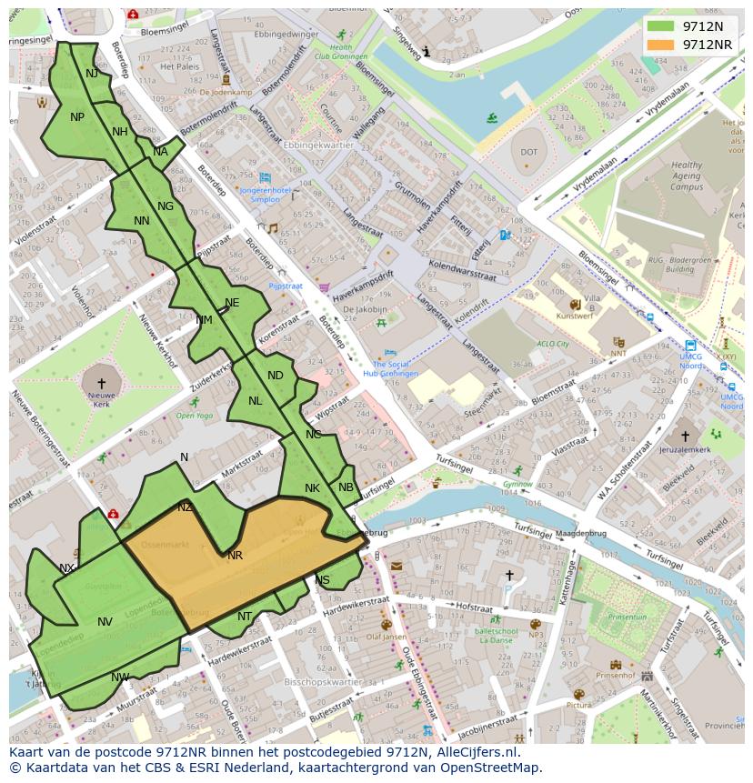 Afbeelding van het postcodegebied 9712 NR op de kaart.