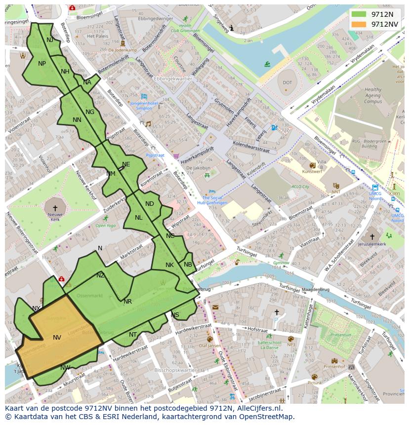 Afbeelding van het postcodegebied 9712 NV op de kaart.