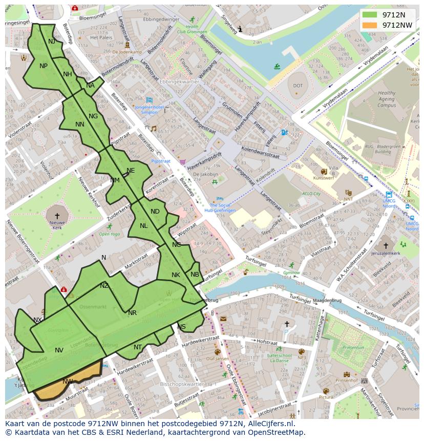 Afbeelding van het postcodegebied 9712 NW op de kaart.