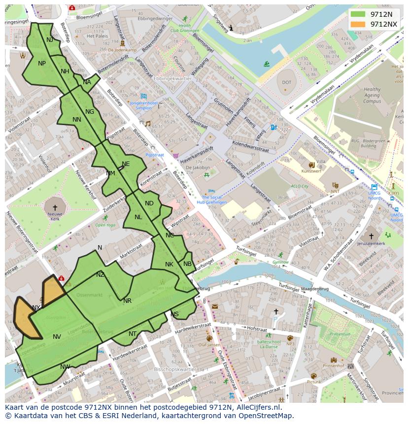 Afbeelding van het postcodegebied 9712 NX op de kaart.