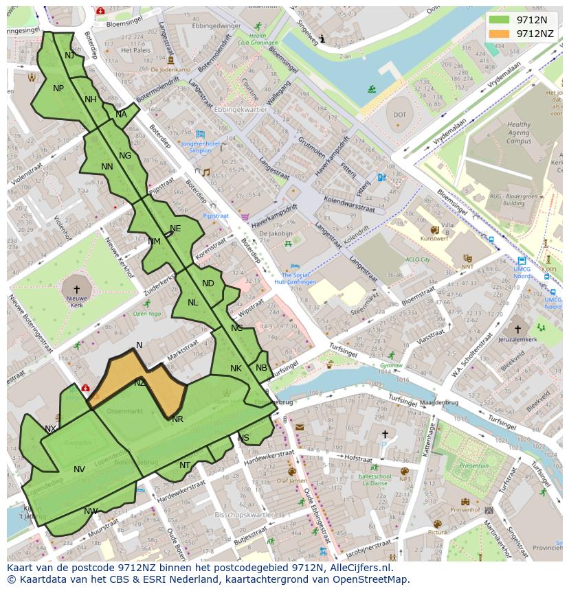 Afbeelding van het postcodegebied 9712 NZ op de kaart.