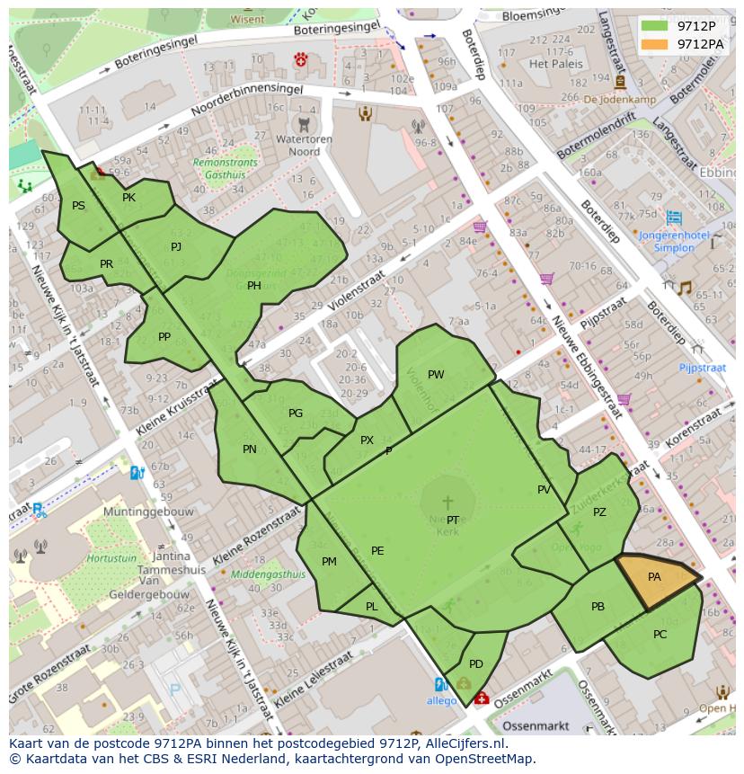 Afbeelding van het postcodegebied 9712 PA op de kaart.