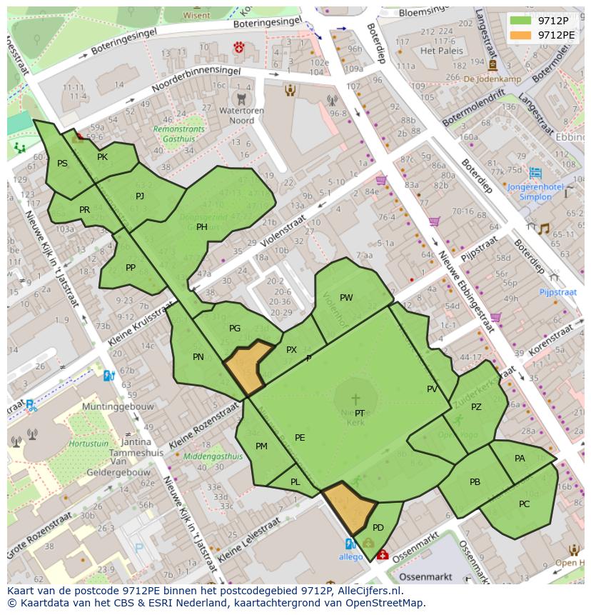 Afbeelding van het postcodegebied 9712 PE op de kaart.
