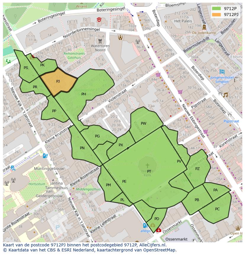 Afbeelding van het postcodegebied 9712 PJ op de kaart.