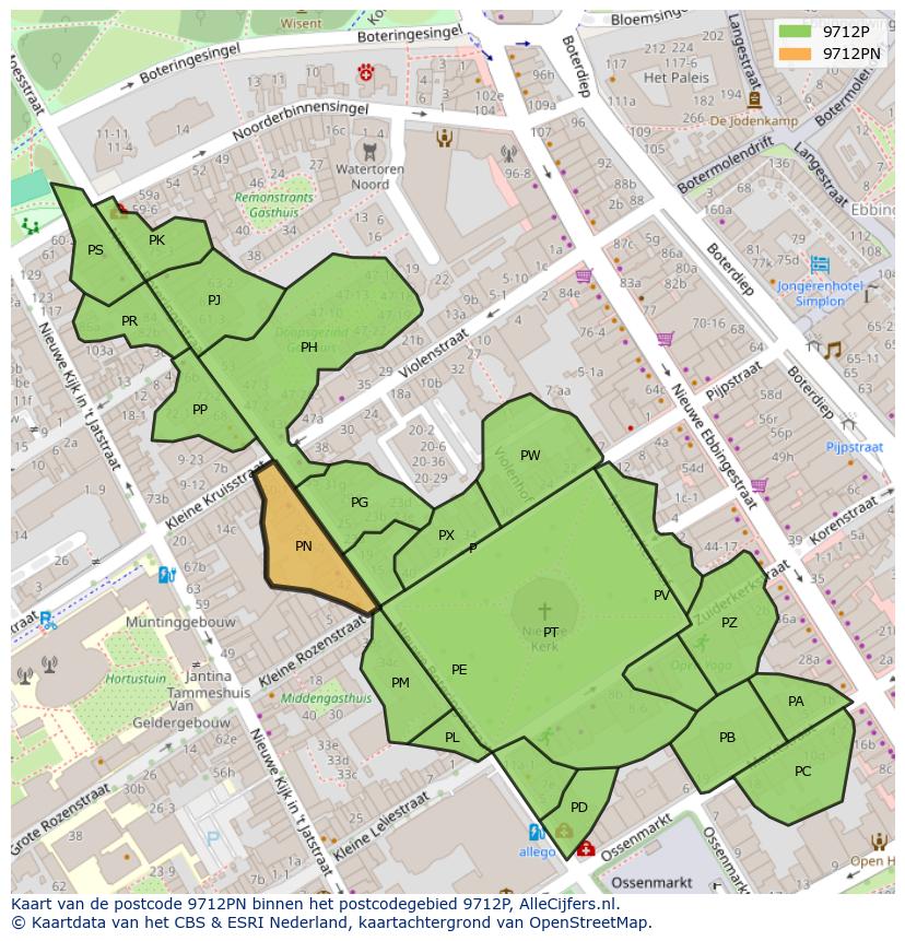 Afbeelding van het postcodegebied 9712 PN op de kaart.