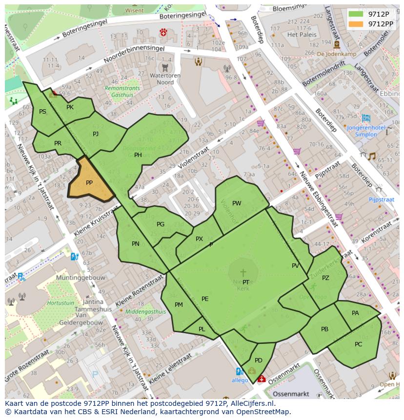 Afbeelding van het postcodegebied 9712 PP op de kaart.