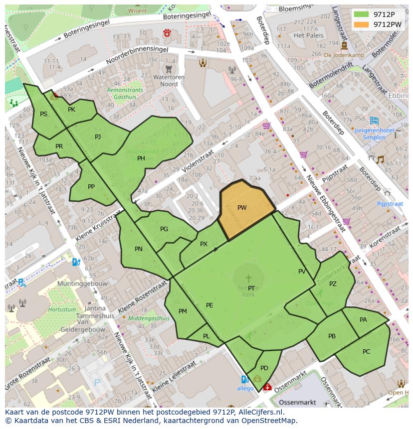 Afbeelding van het postcodegebied 9712 PW op de kaart.