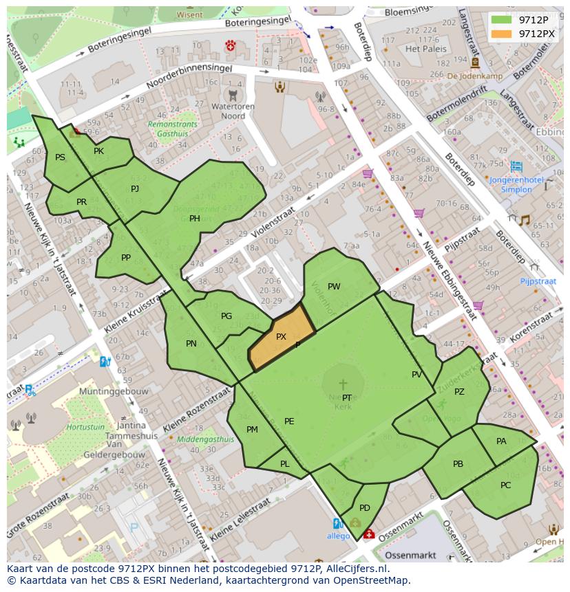 Afbeelding van het postcodegebied 9712 PX op de kaart.