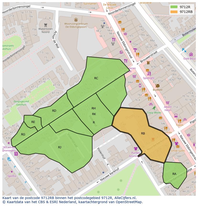 Afbeelding van het postcodegebied 9712 RB op de kaart.