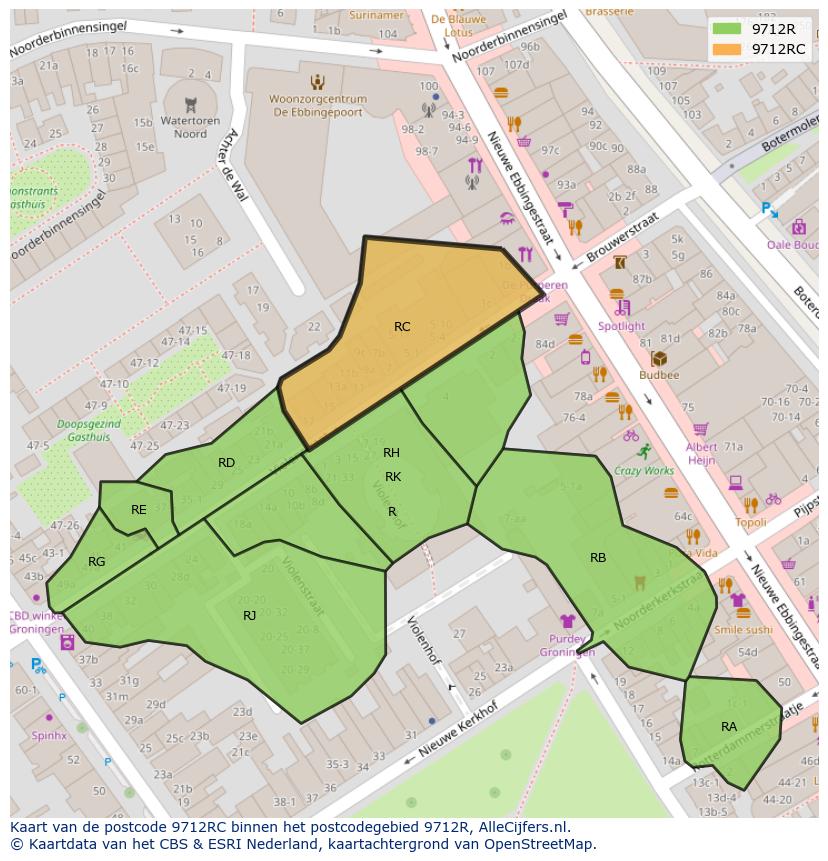 Afbeelding van het postcodegebied 9712 RC op de kaart.
