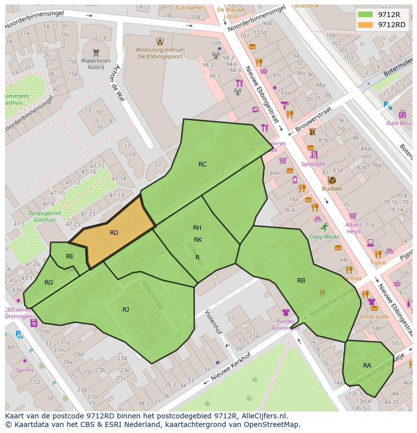 Afbeelding van het postcodegebied 9712 RD op de kaart.