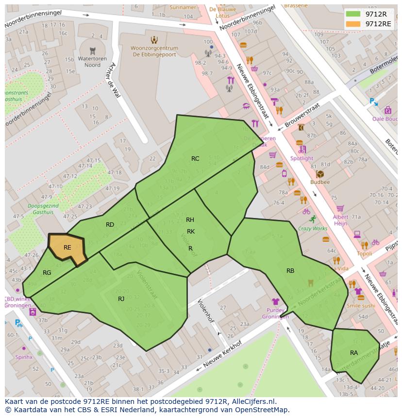 Afbeelding van het postcodegebied 9712 RE op de kaart.