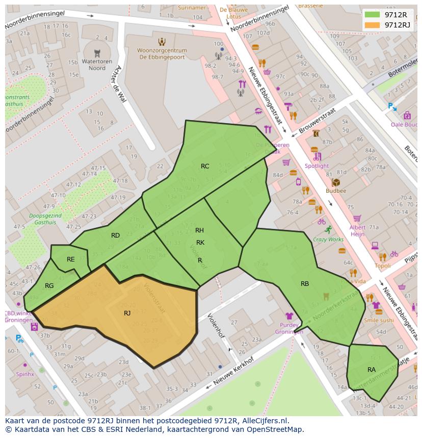 Afbeelding van het postcodegebied 9712 RJ op de kaart.