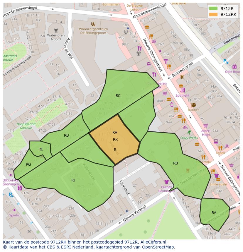 Afbeelding van het postcodegebied 9712 RK op de kaart.