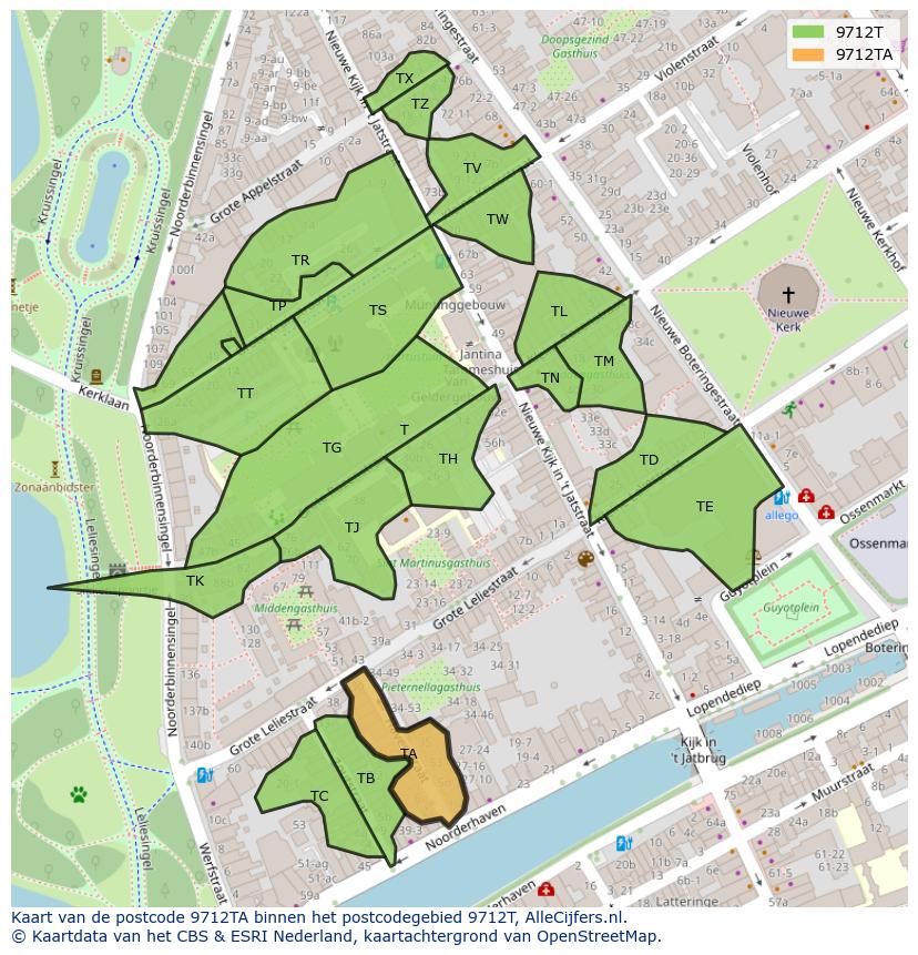 Afbeelding van het postcodegebied 9712 TA op de kaart.
