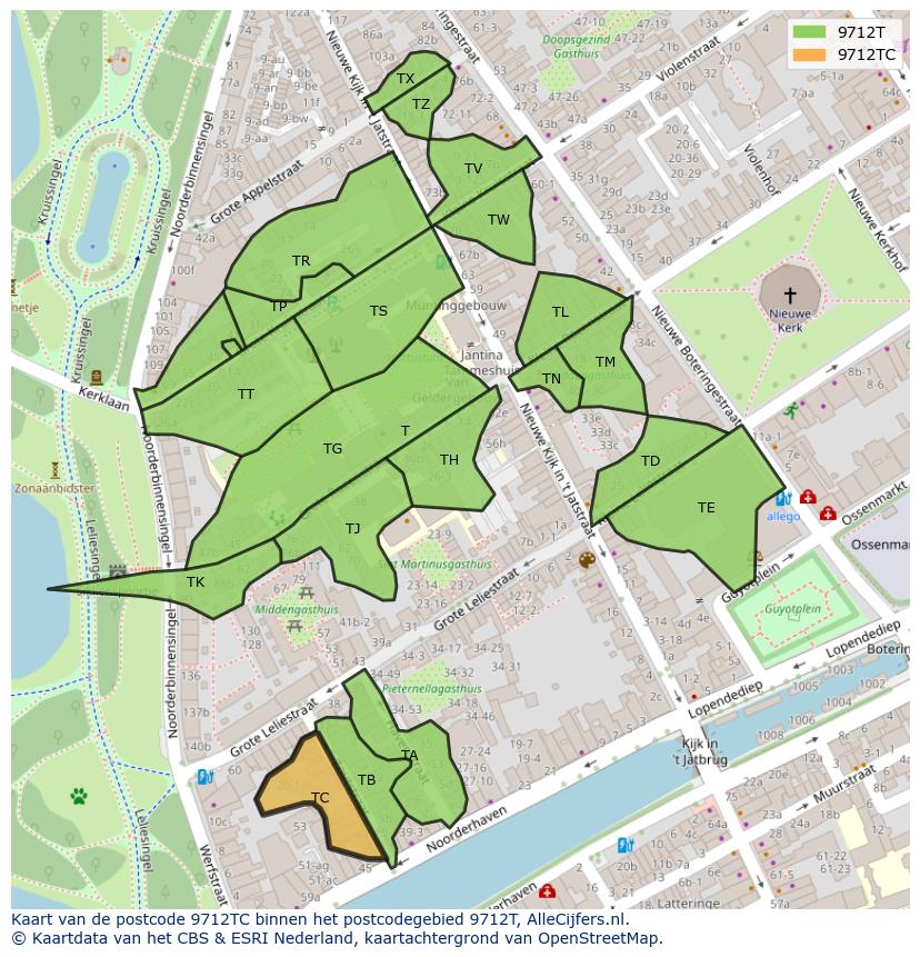 Afbeelding van het postcodegebied 9712 TC op de kaart.