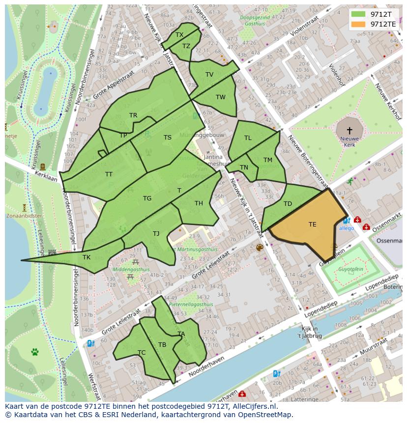 Afbeelding van het postcodegebied 9712 TE op de kaart.