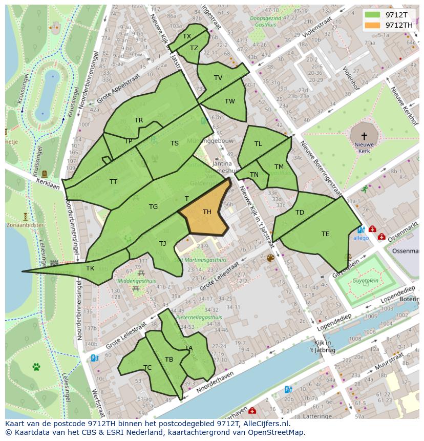 Afbeelding van het postcodegebied 9712 TH op de kaart.