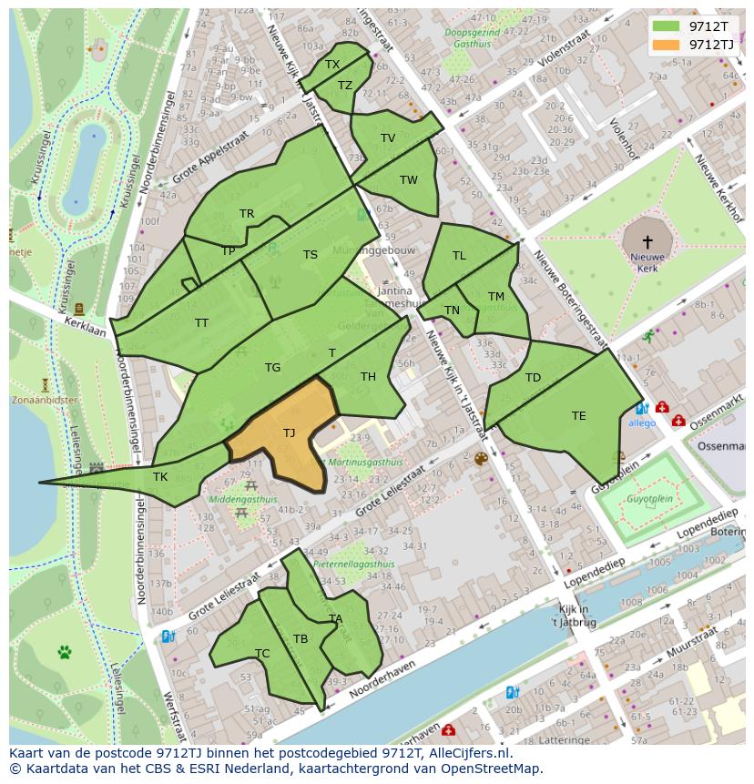 Afbeelding van het postcodegebied 9712 TJ op de kaart.