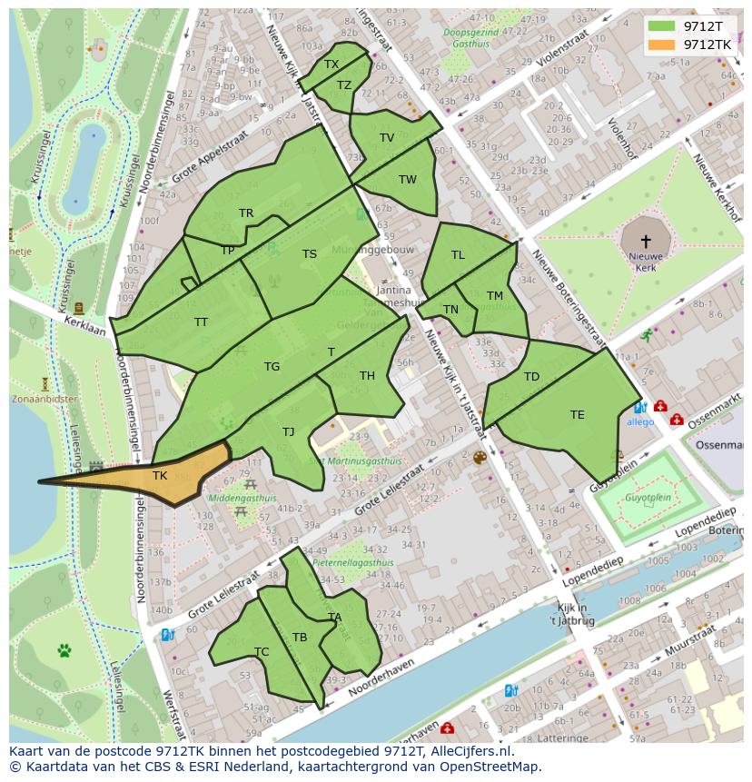 Afbeelding van het postcodegebied 9712 TK op de kaart.