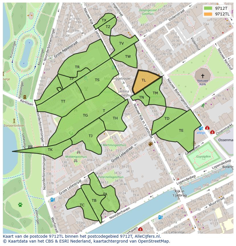 Afbeelding van het postcodegebied 9712 TL op de kaart.