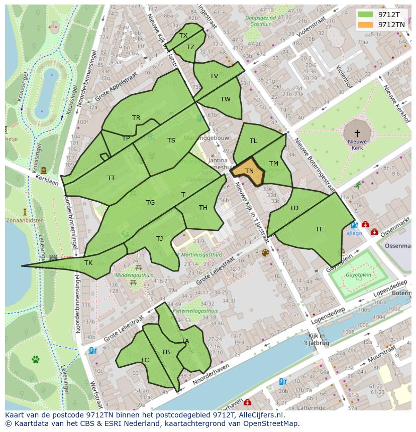Afbeelding van het postcodegebied 9712 TN op de kaart.