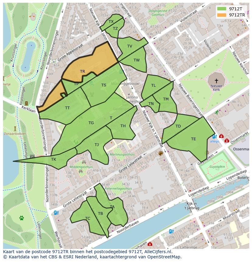 Afbeelding van het postcodegebied 9712 TR op de kaart.
