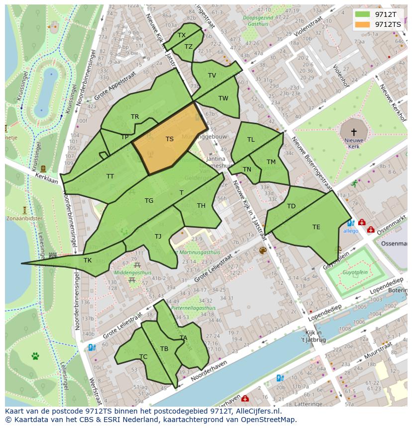 Afbeelding van het postcodegebied 9712 TS op de kaart.