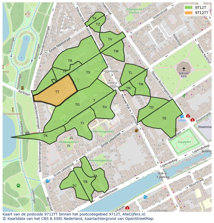 Afbeelding van het postcodegebied 9712 TT op de kaart.