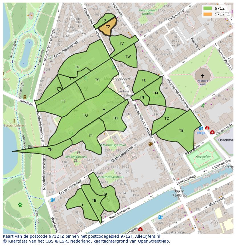 Afbeelding van het postcodegebied 9712 TZ op de kaart.