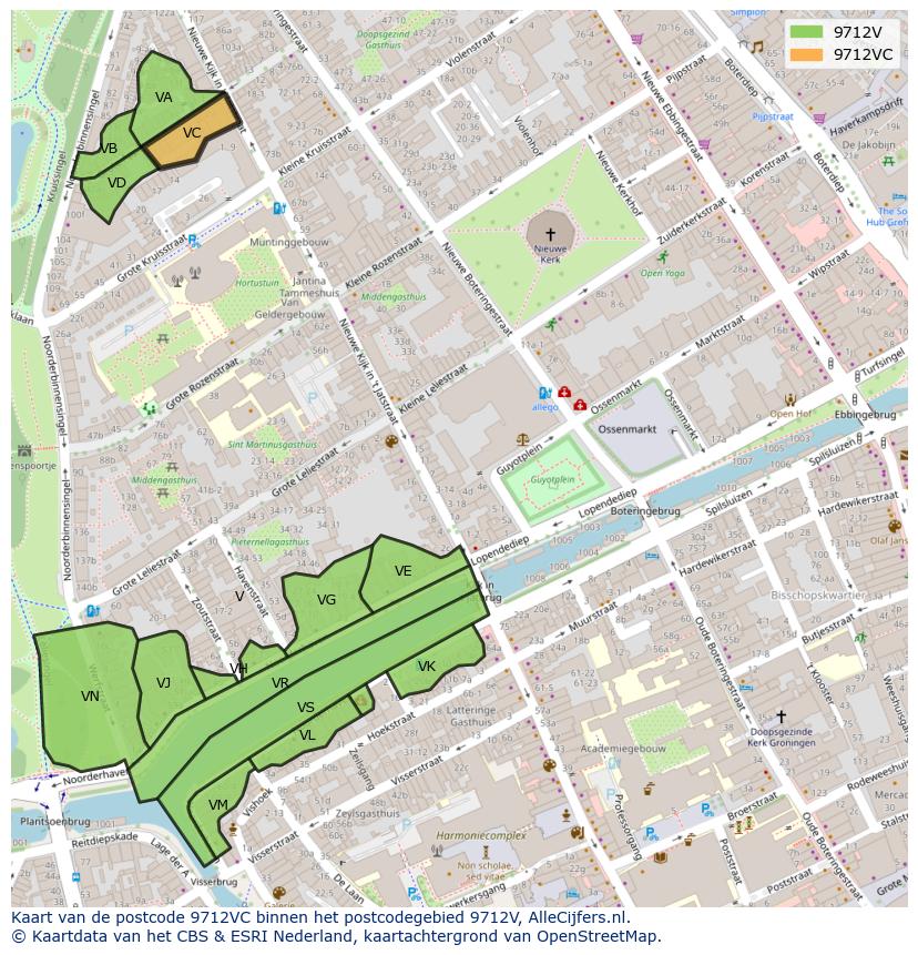 Afbeelding van het postcodegebied 9712 VC op de kaart.