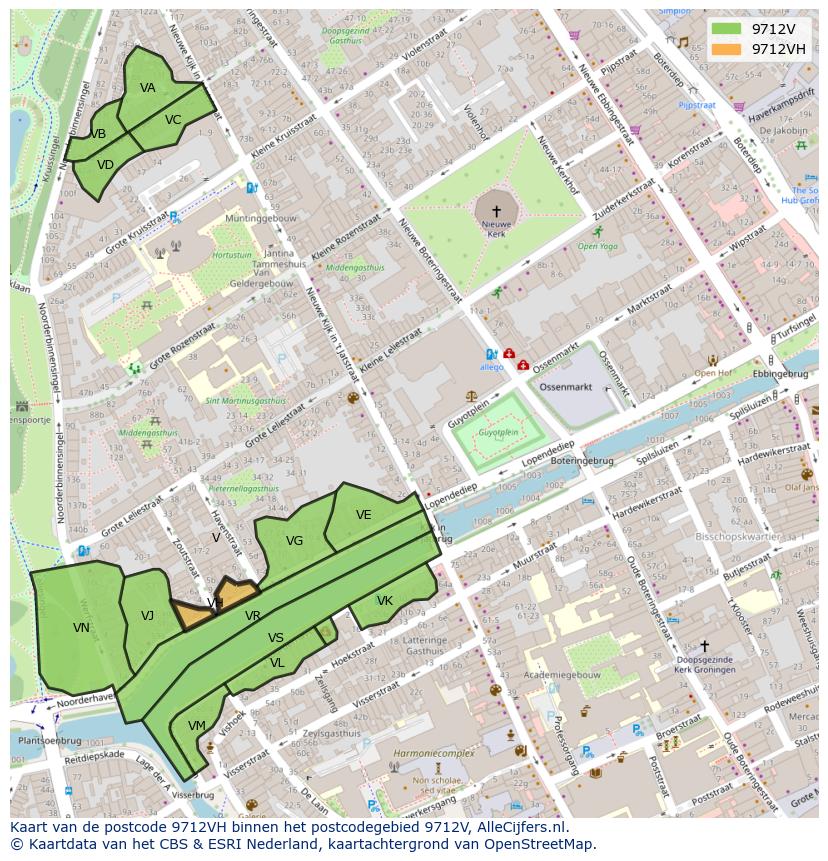 Afbeelding van het postcodegebied 9712 VH op de kaart.
