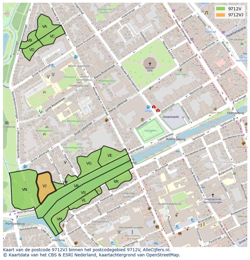 Afbeelding van het postcodegebied 9712 VJ op de kaart.
