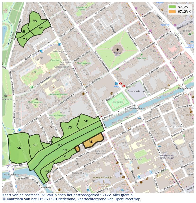 Afbeelding van het postcodegebied 9712 VK op de kaart.