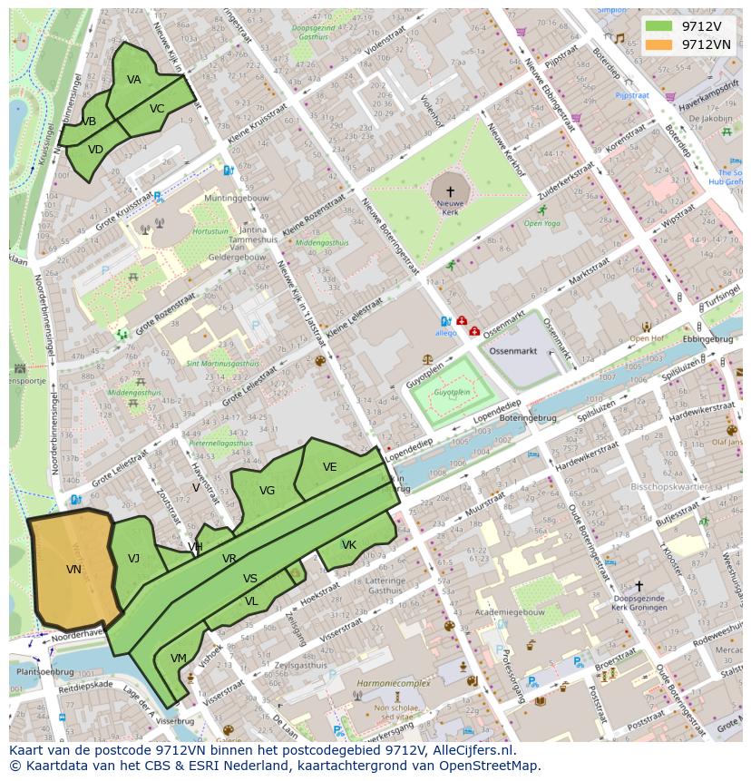 Afbeelding van het postcodegebied 9712 VN op de kaart.
