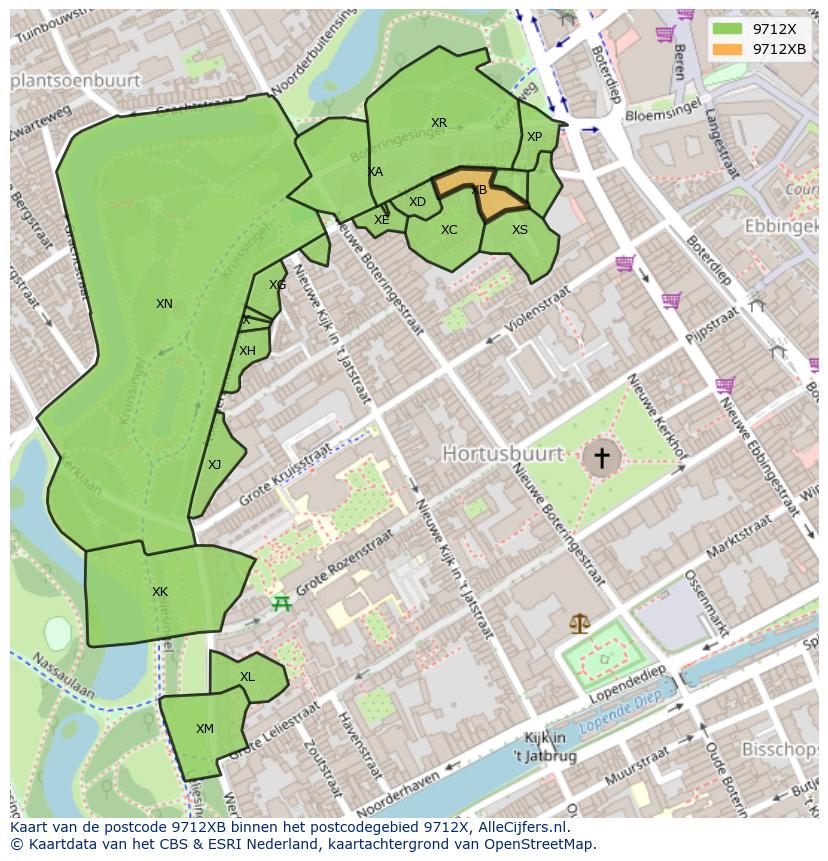 Afbeelding van het postcodegebied 9712 XB op de kaart.