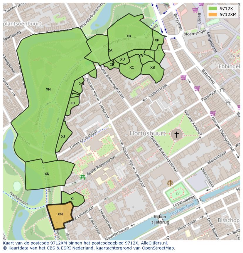 Afbeelding van het postcodegebied 9712 XM op de kaart.